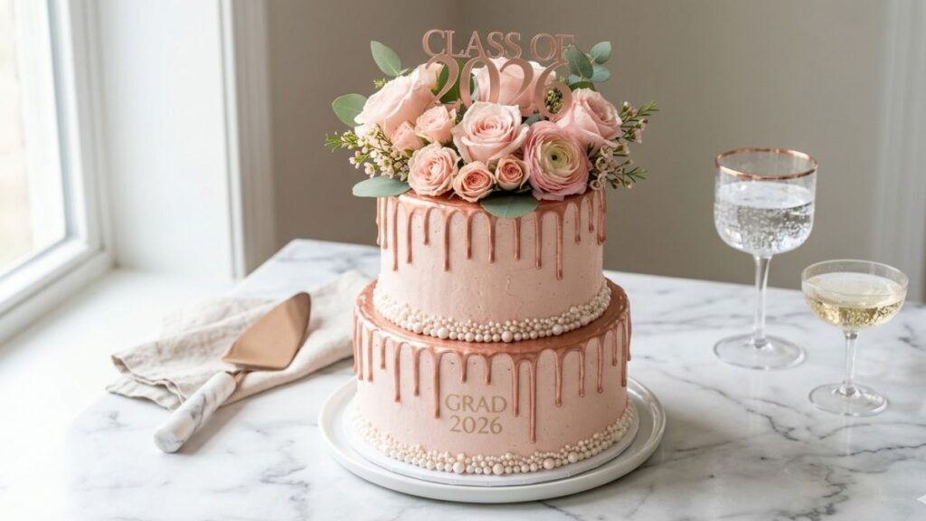 Blush pink and gold graduation cake with rose gold drip pearl details and floral topper, beautiful graduation cake idea for female graduates