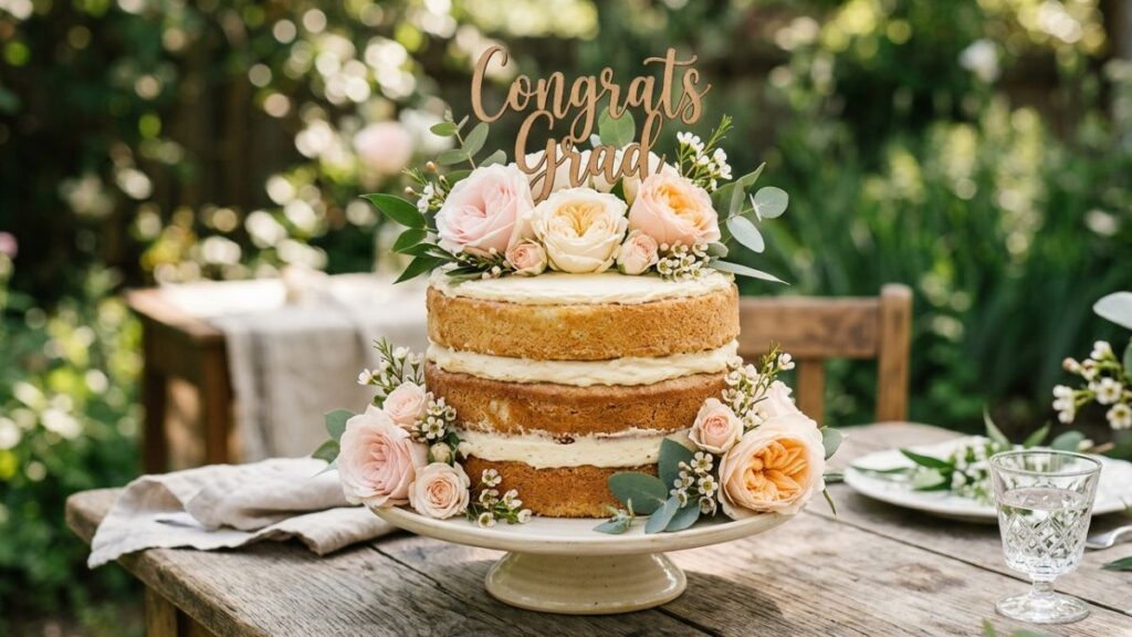 Rustic naked graduation cake with exposed sponge layers light cream frosting fresh roses greenery and Congrats Grad topper, outdoor graduation cake idea