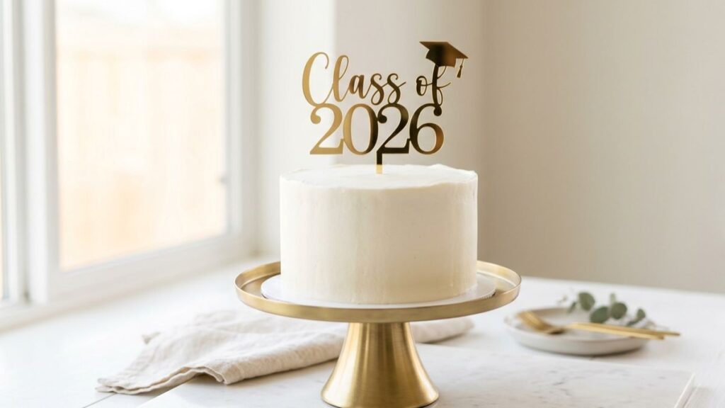 Simple smooth white buttercream graduation cake with bold gold acrylic Class of 2026 topper on gold cake stand, easy graduation cake idea for small parties