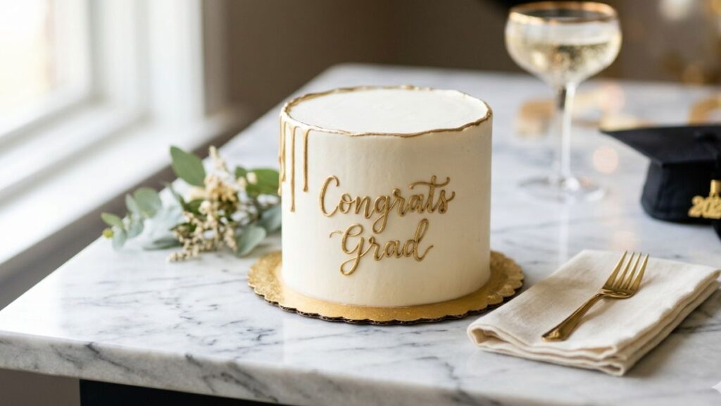 6 inch single tier small graduation cake with gold drip and Congrats Grad inscription, perfect small graduation cake idea for intimate family celebrations