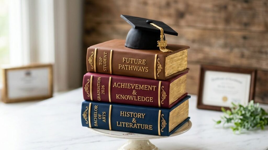 Graduation cake designed as a stack of colorful fondant textbooks in navy blue maroon and gold topped with a small black graduation cap, unique graduation cake idea for top students