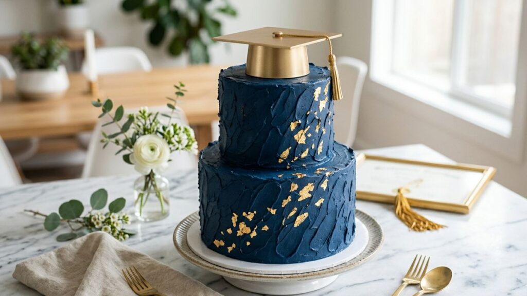 Navy blue textured palette knife buttercream graduation cake with gold foil accents and graduation cap topper, modern graduation cake idea