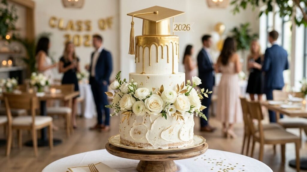 Three-tier white and gold graduation cake with gold drip top tier fresh white flowers middle tier and textured base tier, luxury graduation cake idea for large celebration