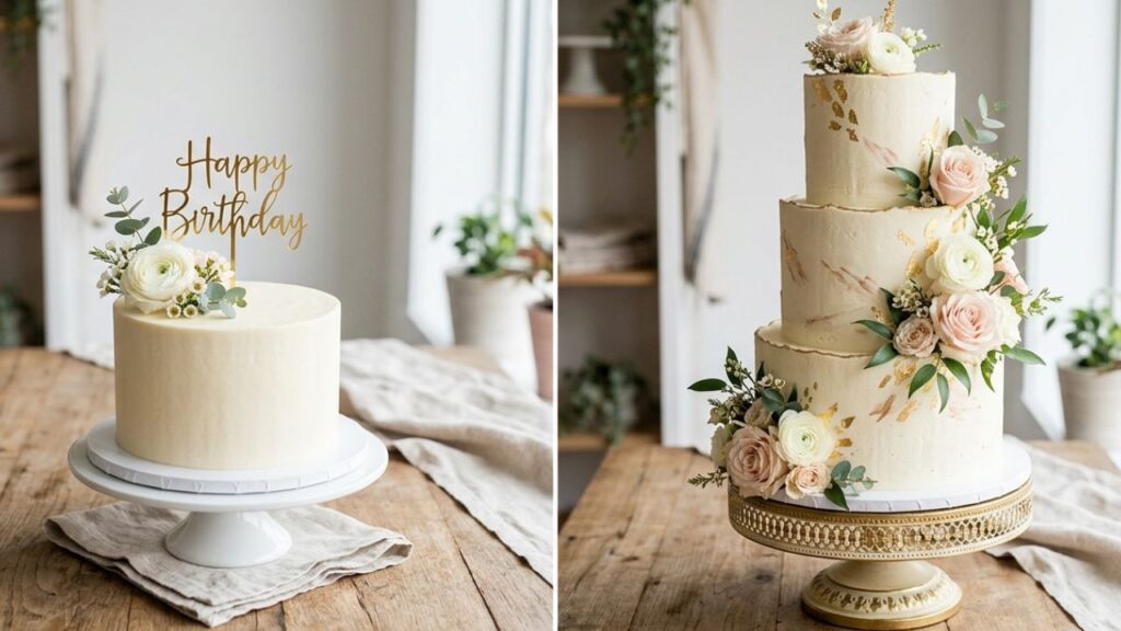 Side-by-side comparison of a minimalist single-tier white buttercream birthday cake and an elegant three-tier wedding cake with gold leaf accents and fresh floral arrangements on a wooden table.