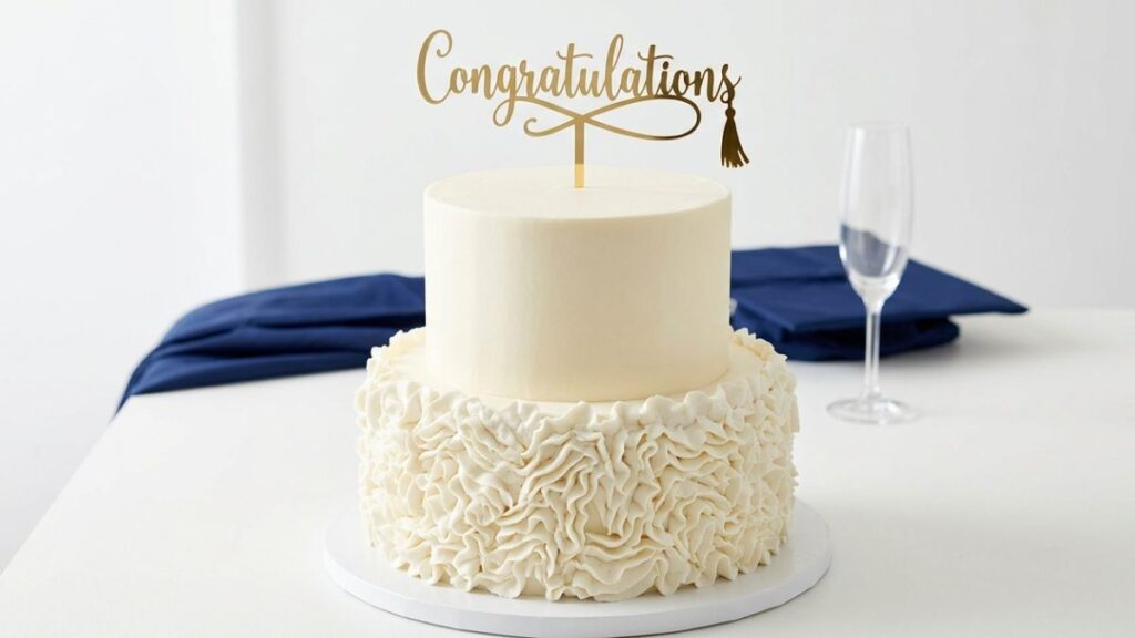 Two-tier white graduation cake with ruffled bottom tier smooth top tier and gold Congratulations topper, graduation cake idea serving 40 guests