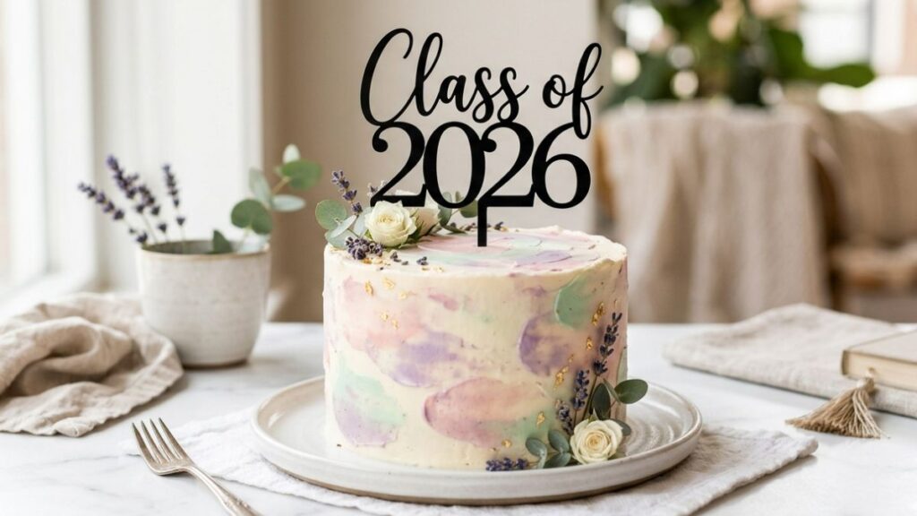 Single tier graduation cake with soft blush lavender and mint watercolor buttercream swipes and black acrylic Class of 2026 topper, artistic graduation cake idea