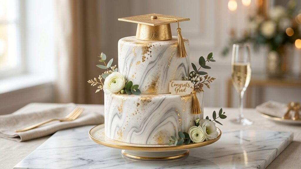 White and grey marble effect graduation cake with gold dust accents and a gold graduation cap topper, elegant graduation cake idea for formal celebrations