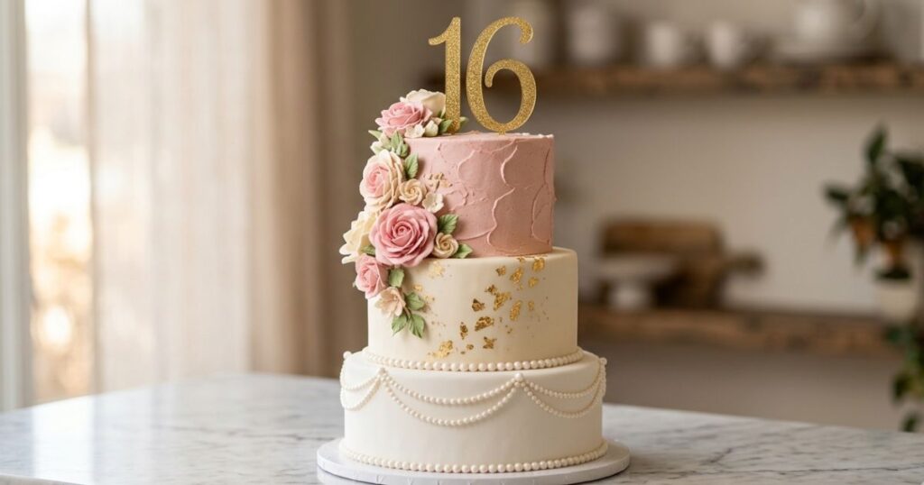 Stunning 16th birthday cake ideas on white marble — three tier floral sweet sixteen cake