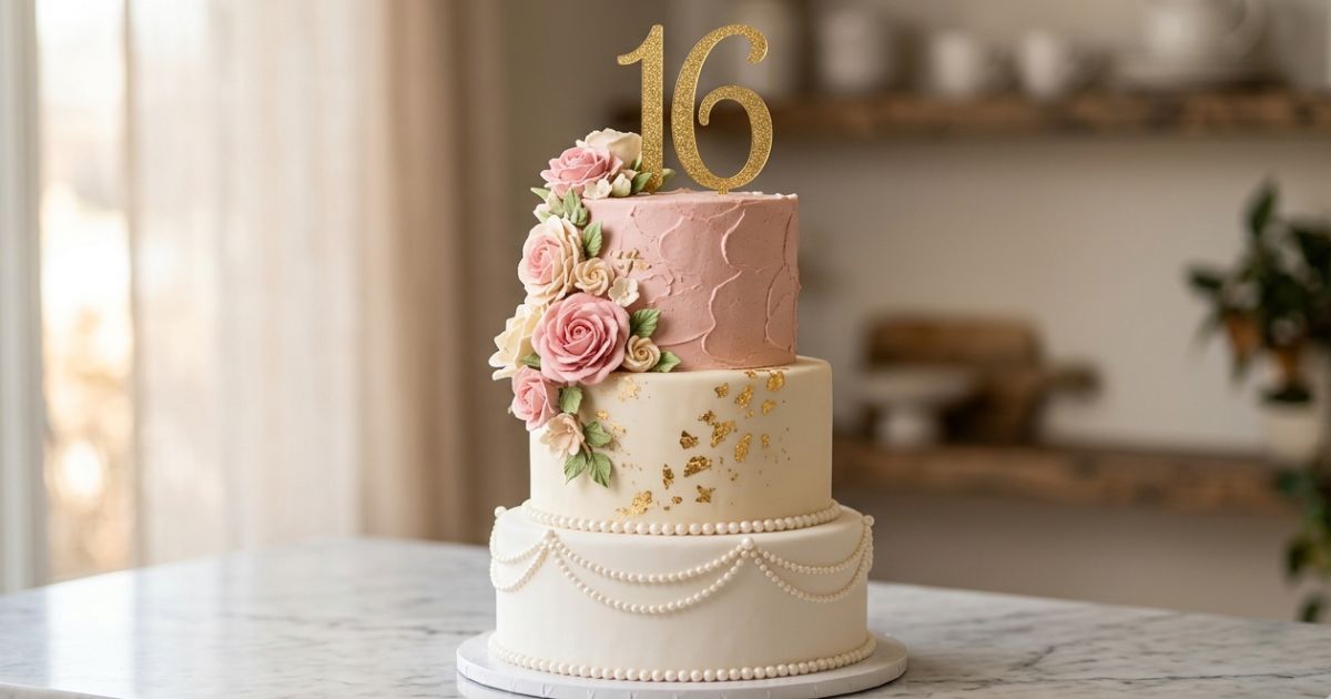 Stunning 16th birthday cake ideas on white marble — three tier floral sweet sixteen cake
