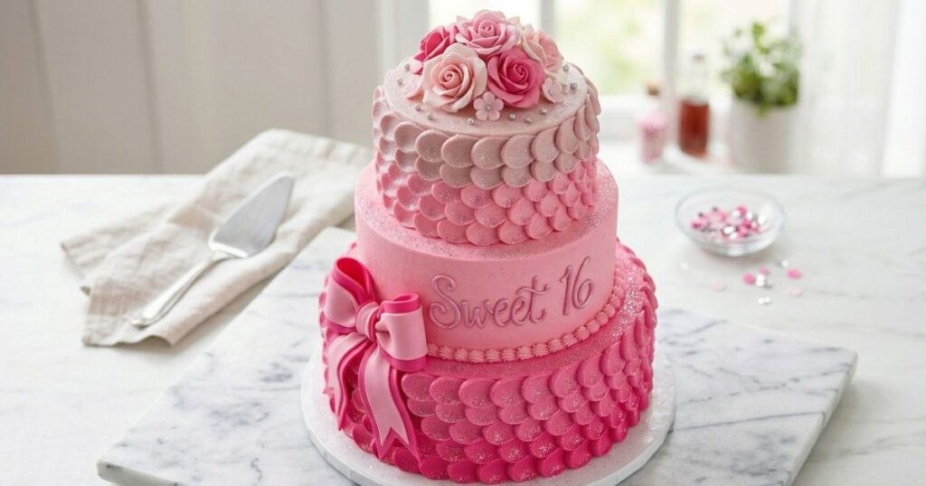 Professional food photography of a three-tier Sweet 16 cake on a white marble surface, featuring hot pink, bubblegum, and dusty rose tiers decorated with cascading buttercream ruffles, an oversized pink fondant bow, and edible silver glitter.