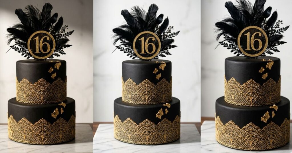 Elegant black and gold glamour 16th birthday cake with gold lace piping