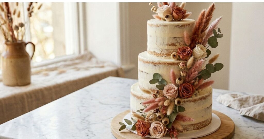 Boho naked sweet 16 birthday cake with dried flowers pampas grass rustic style