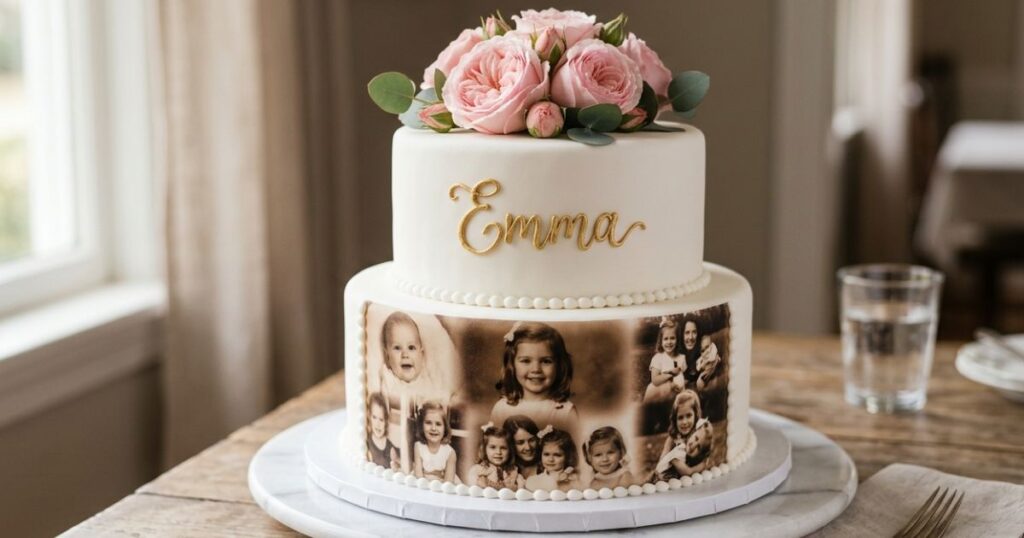 Custom photo print sweet sixteen birthday cake with edible memory collage and fresh roses