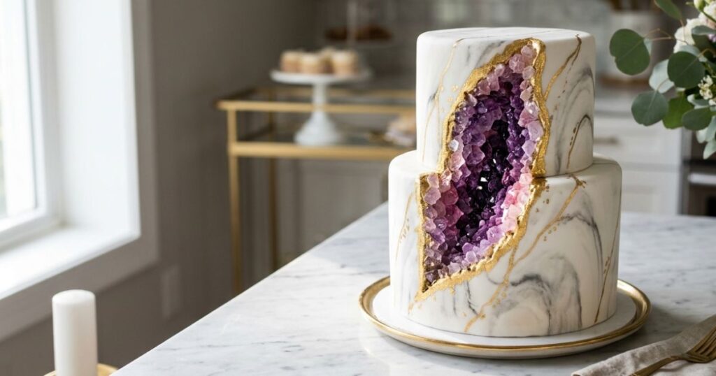 Geode crystal 16th birthday cake with amethyst sugar crystals in carved marble fondant