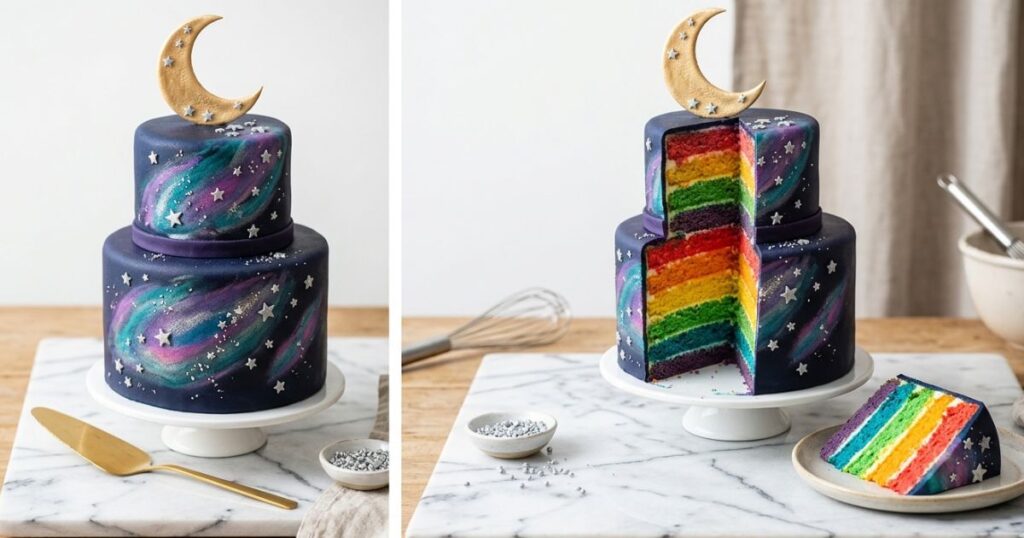Galaxy themed 16th birthday cake with rainbow sponge interior and silver star details