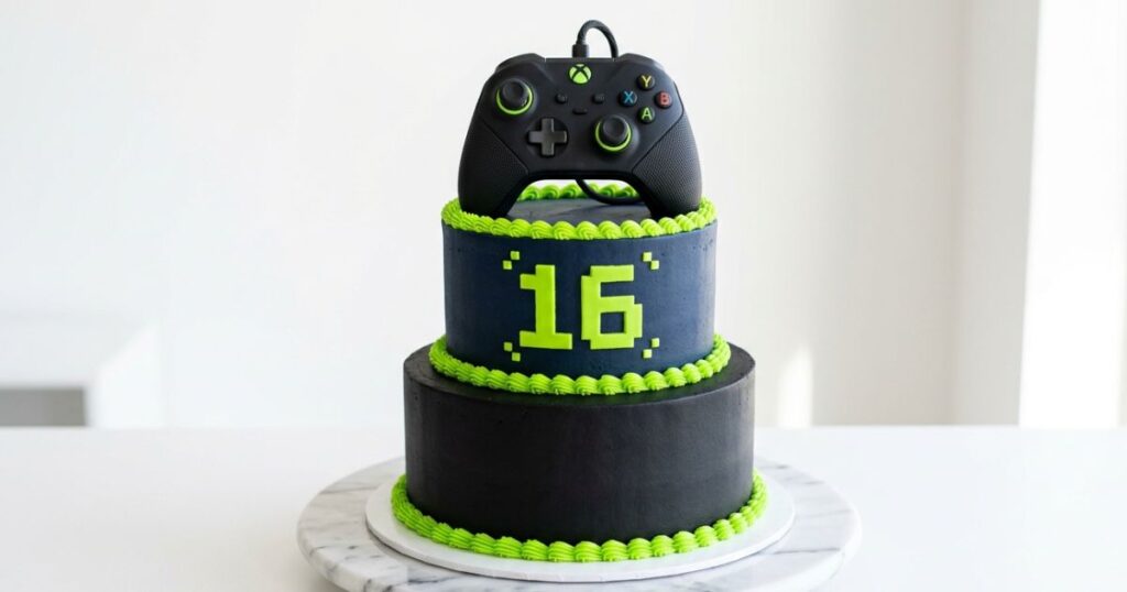 Gaming theme 16th birthday cake for boys with fondant controller and neon green details