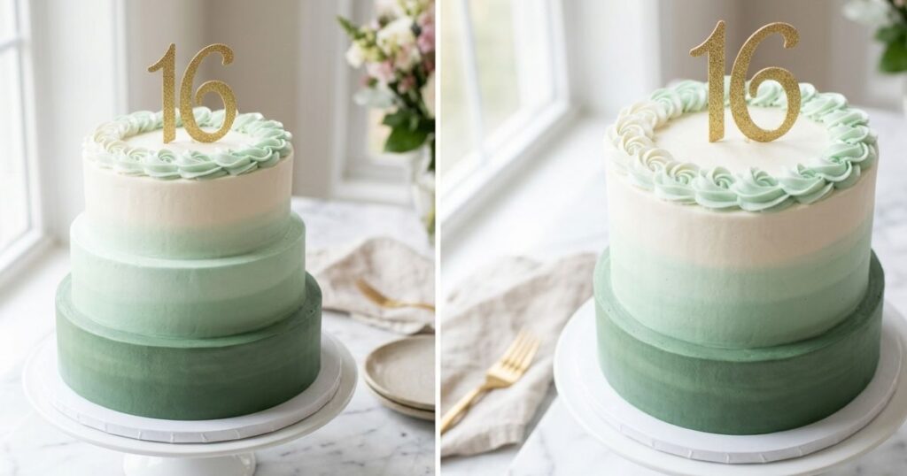 Sage green ombre buttercream sweet sixteen birthday cake three tier on white marble