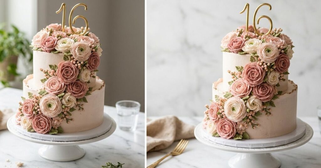 Pink floral buttercream 16th birthday cake with cascading roses on white marble