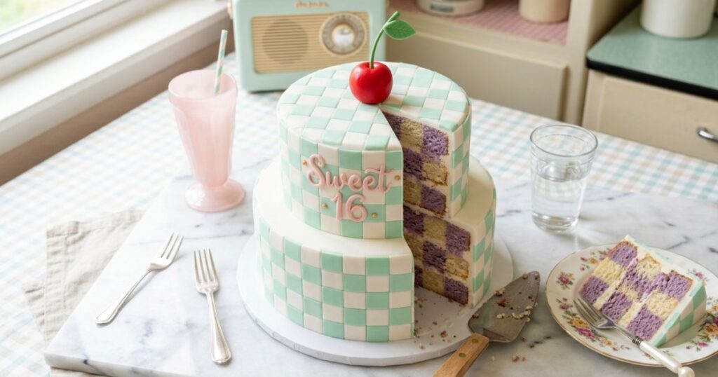 Retro checkerboard sweet sixteen cake in mint and white with vintage cherry topper