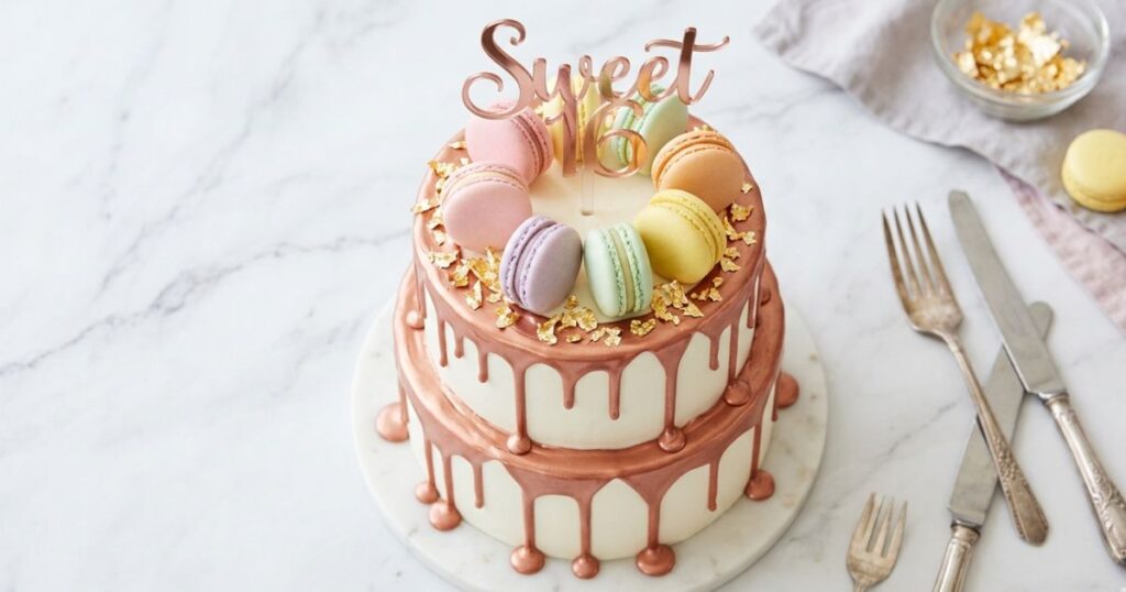 Rose gold drip sweet 16 birthday cake with macarons and edible gold leaf on marble