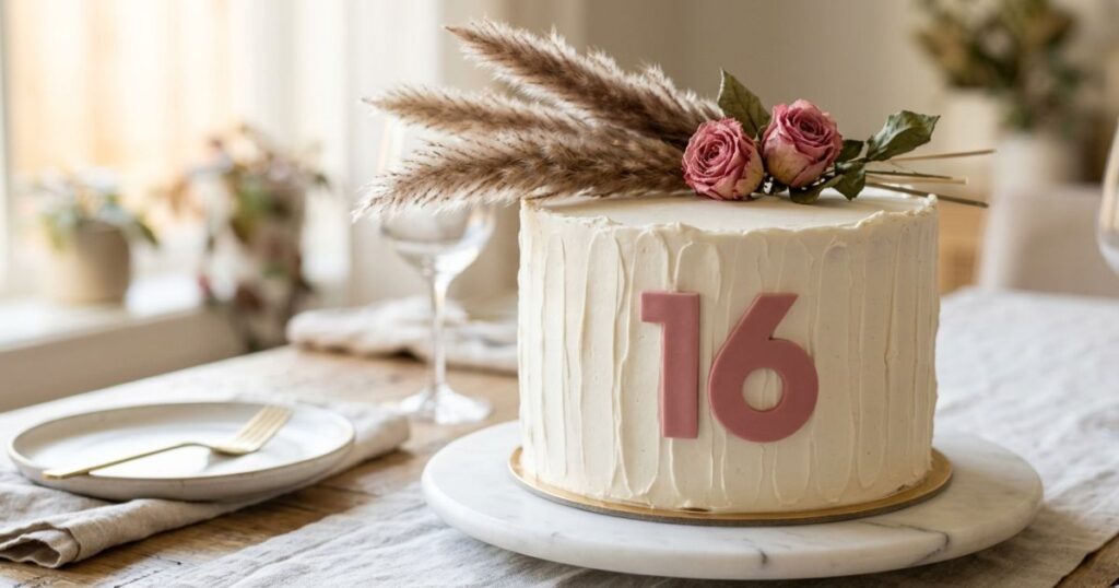 Simple minimalist number 16 birthday cake with palette knife buttercream on cake stand