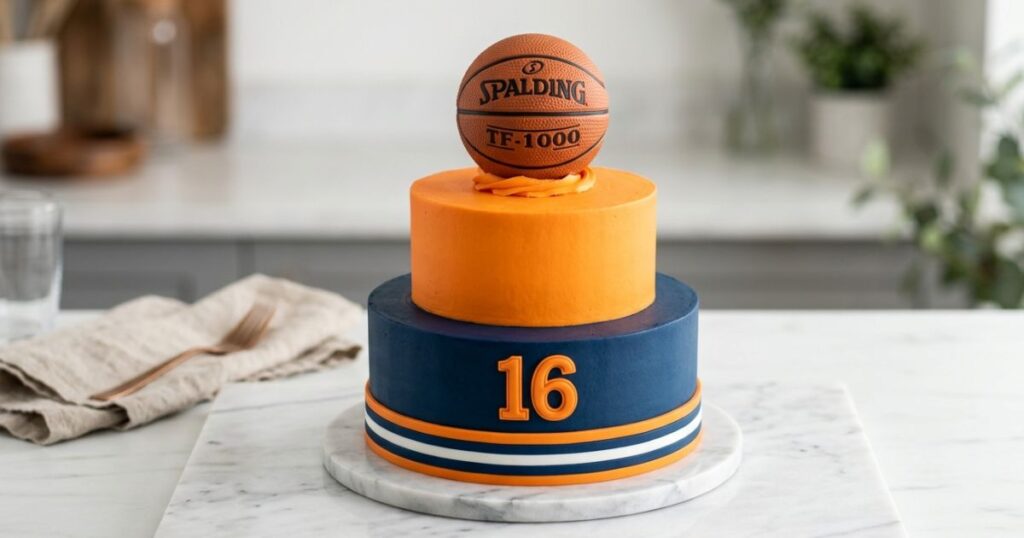 Sports themed 16th birthday cake for boys with fondant basketball topper navy orange