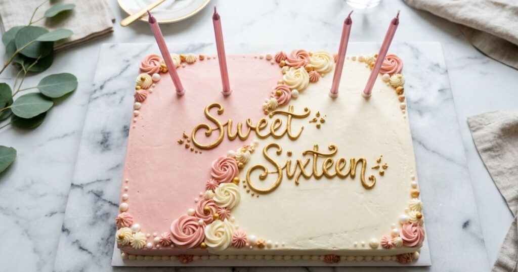 Sweet 16 sheet cake upgrade with two tone blush pink ivory buttercream and rosettes