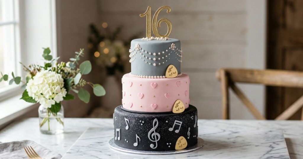 Taylor Swift themed sweet sixteen birthday cake with eras tour inspired tiers