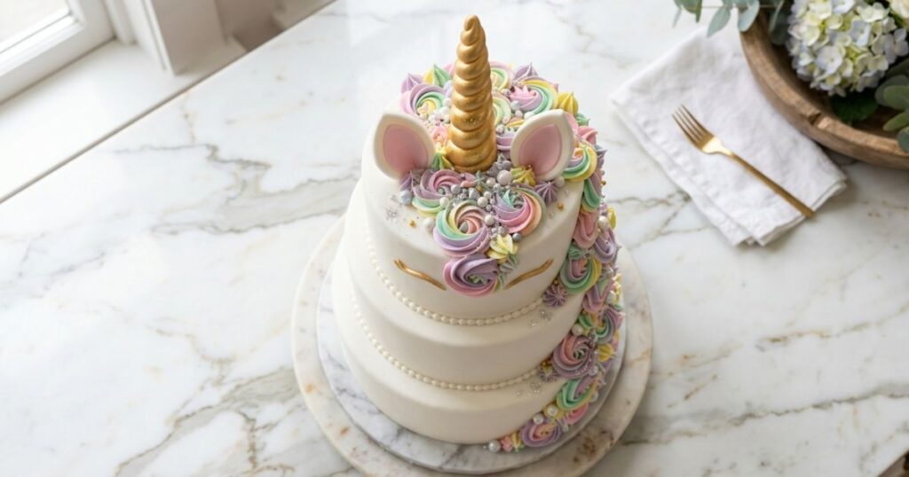 Unicorn sweet 16 birthday cake with gold horn and multicoloured buttercream mane
