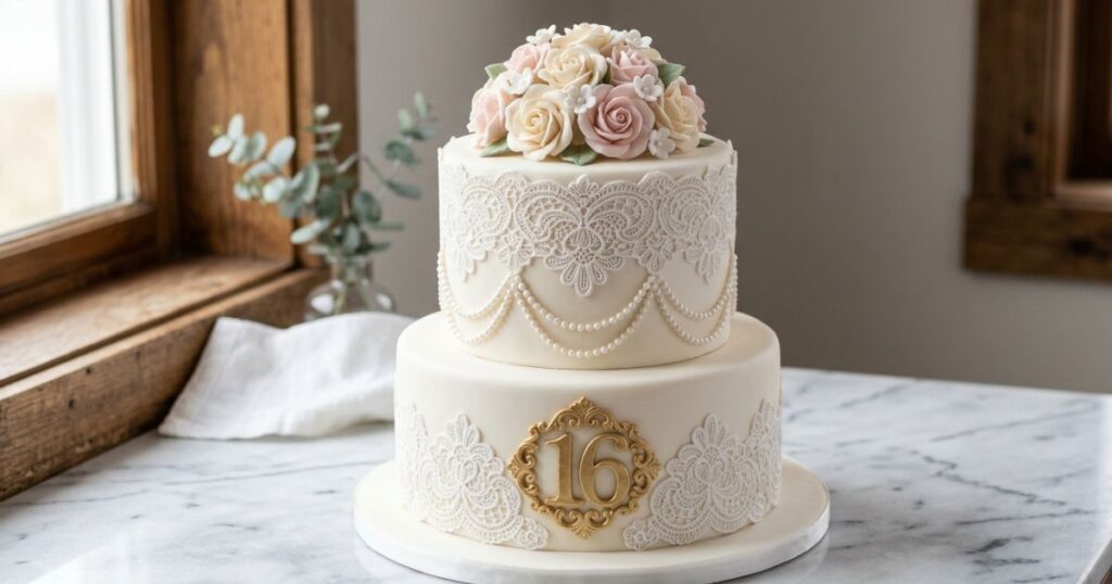 Vintage lace and pearl sweet sixteen birthday cake in ivory fondant on marble