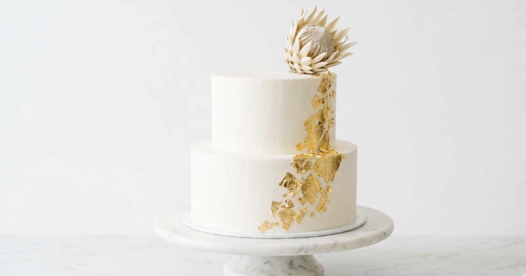 White and gold leaf minimalist sweet 16 cake on marble cake stand clean design